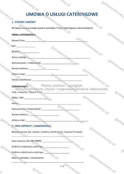 Umowa o usługi cateringowe — wzór do pobrania, podgląd strony 1 z 4