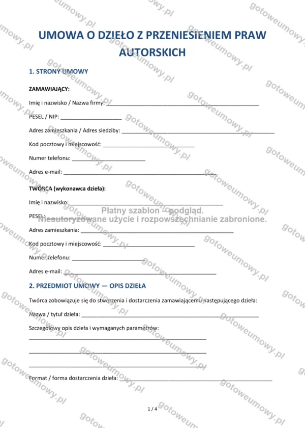 Umowa o dzieło z przeniesieniem praw autorskich — Wzór Word & PDF
