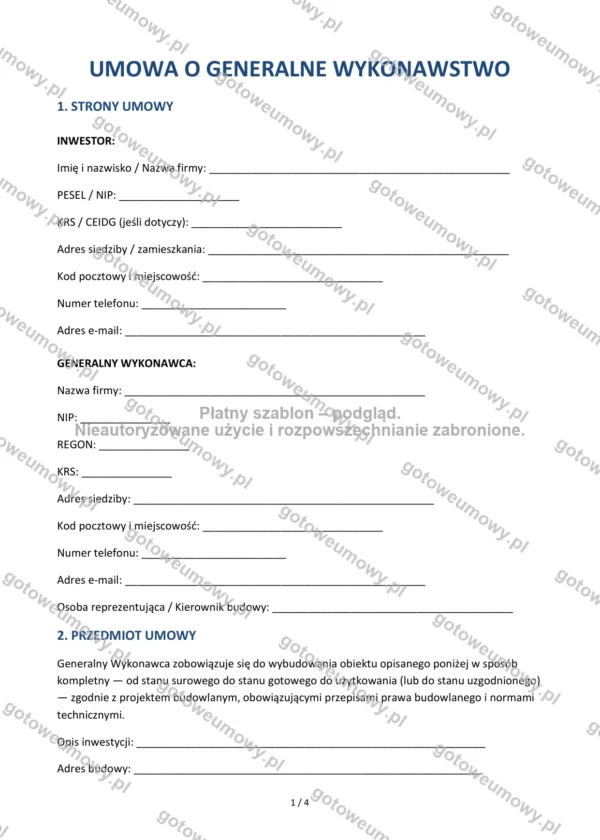 Umowa o generalne wykonawstwo — Wzór Word & PDF
