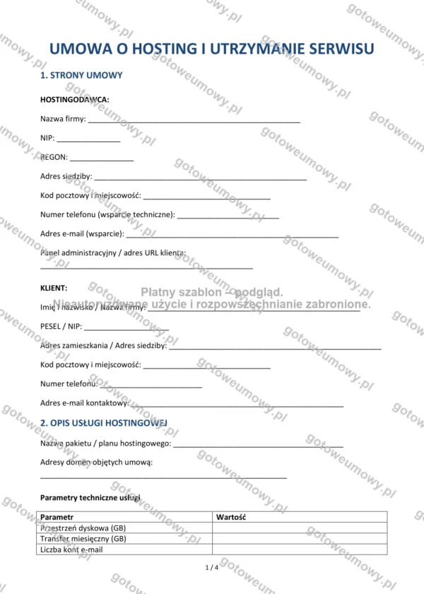 Umowa o hosting i utrzymanie serwisu — Wzór Word & PDF