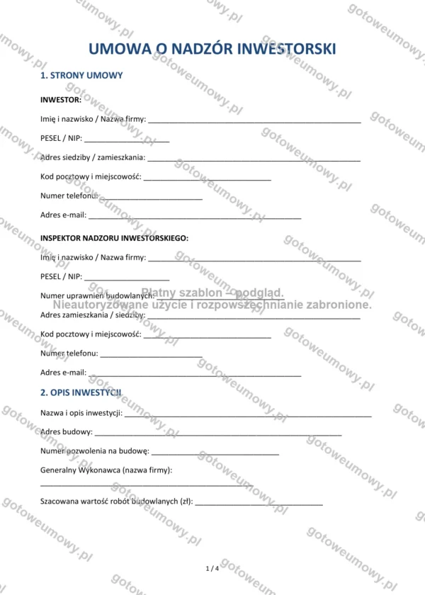 Umowa o nadzór inwestorski — Wzór Word & PDF