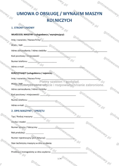 Umowa o obsługę / wynajem maszyn rolniczych — wzór do pobrania, podgląd strony 1 z 4