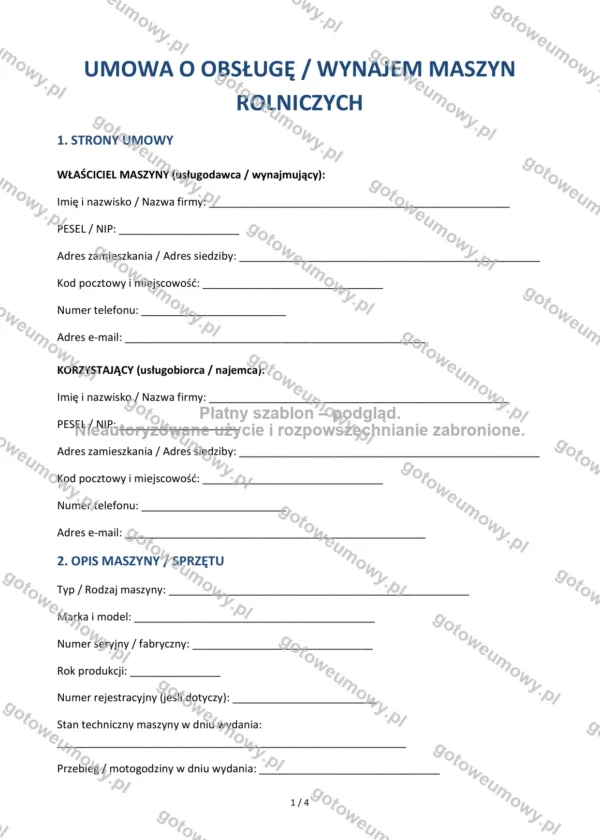 Umowa o obsługę / wynajem maszyn rolniczych — Wzór Word & PDF