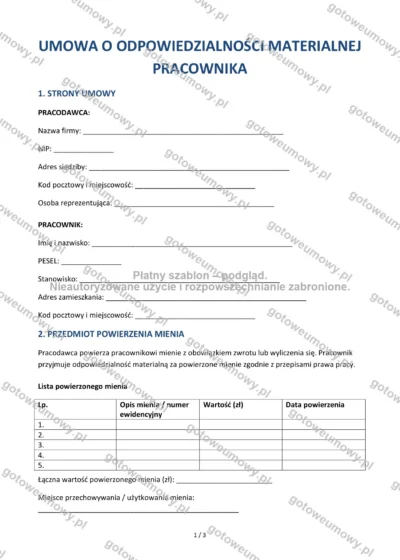 Umowa o odpowiedzialności materialnej pracownika — wzór do pobrania, podgląd strony 1 z 3