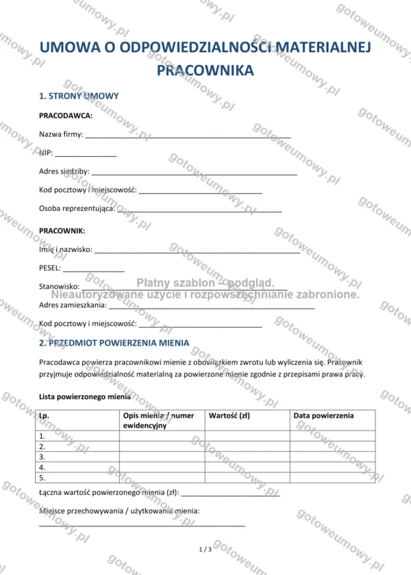 Umowa o odpowiedzialności materialnej pracownika — Wzór Word & PDF