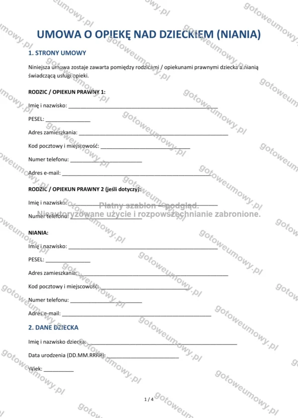 Umowa o opiekę nad dzieckiem (niania) — Wzór Word & PDF