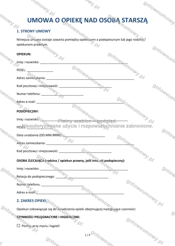 Umowa o opiekę nad osobą starszą — Wzór Word & PDF