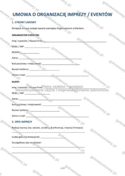Umowa o organizację imprezy / eventów — wzór do pobrania, podgląd strony 1 z 4