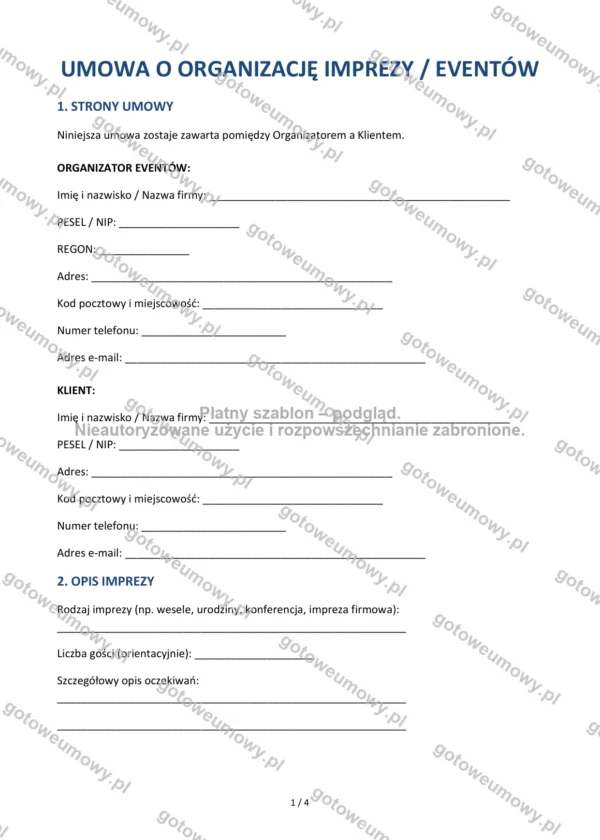 Umowa o organizację imprezy / eventów — Wzór Word & PDF