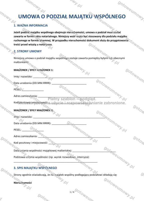 Umowa o podział majątku wspólnego — Wzór Word & PDF