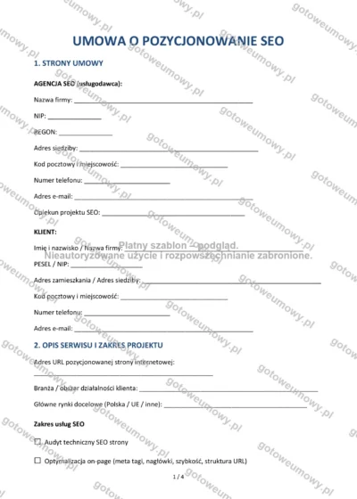 Umowa o pozycjonowanie SEO — wzór do pobrania, podgląd strony 1 z 4