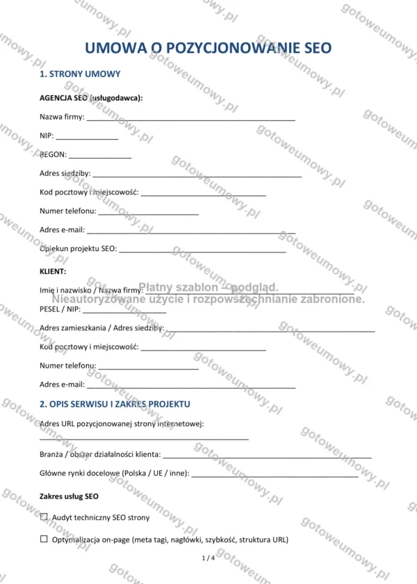 Umowa o pozycjonowanie SEO — Wzór Word & PDF