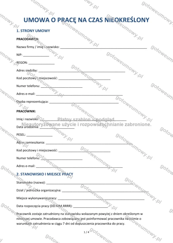 Umowa o pracę na czas nieokreślony — Wzór Word & PDF