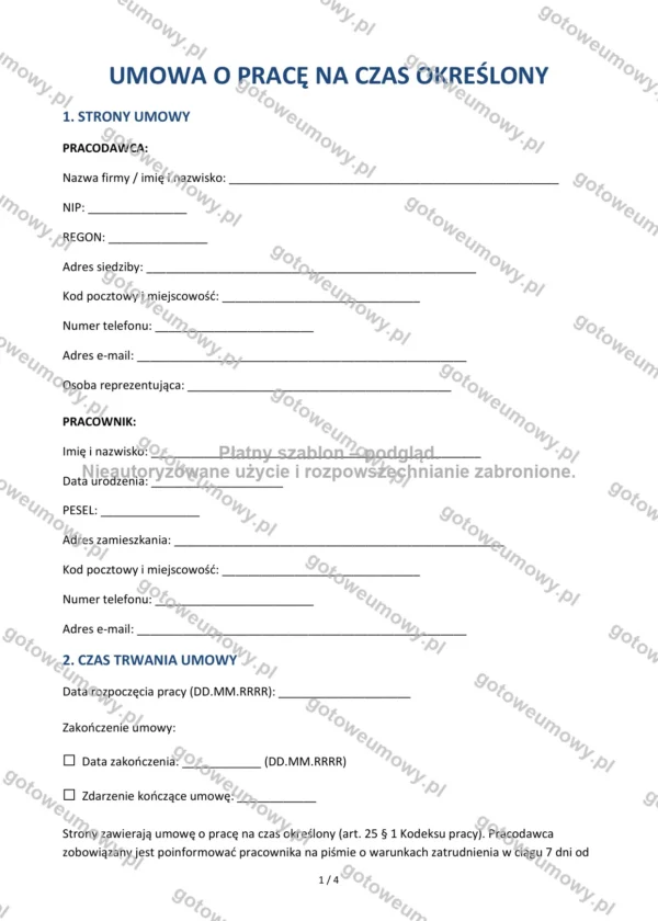 Umowa o pracę na czas określony — Wzór Word & PDF