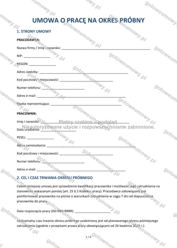 Umowa o pracę na okres próbny — Wzór Word & PDF