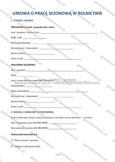 Umowa o pracę sezonową w rolnictwie — wzór do pobrania, podgląd strony 1 z 4