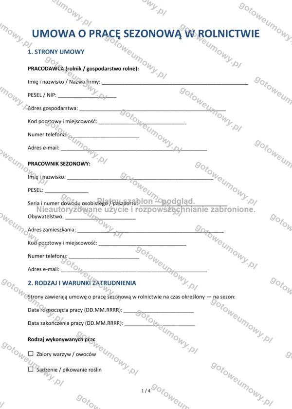 Umowa o pracę sezonową w rolnictwie — Wzór Word & PDF