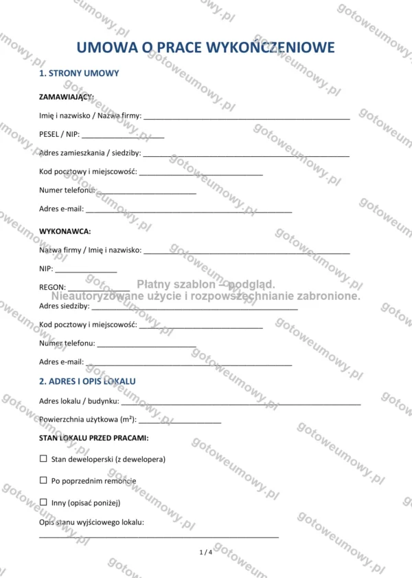Umowa o prace wykończeniowe — Wzór Word & PDF