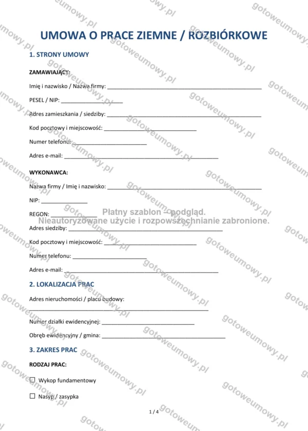 Umowa o prace ziemne i rozbiórkowe — Wzór Word & PDF