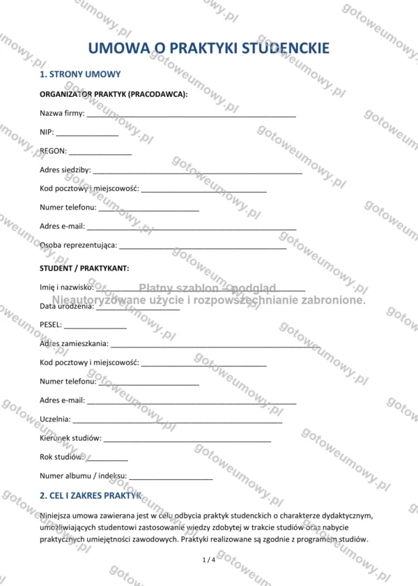 Umowa o praktyki studenckie — Wzór Word & PDF