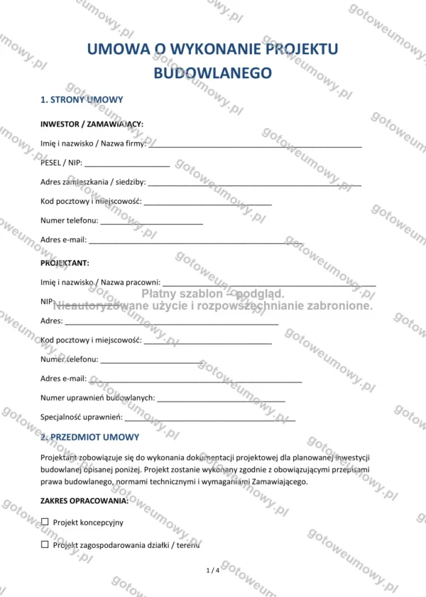 Umowa o wykonanie projektu budowlanego — Wzór Word & PDF
