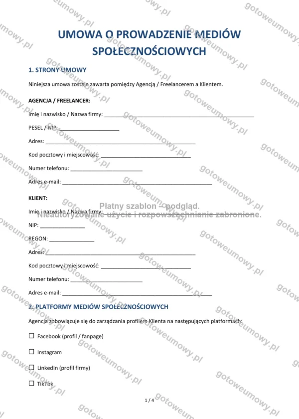 Umowa o prowadzenie mediów społecznościowych — Wzór Word & PDF