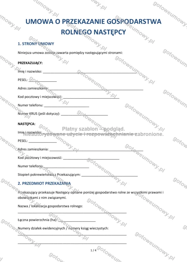 Umowa o przekazanie gospodarstwa rolnego następcy — Wzór Word & PDF