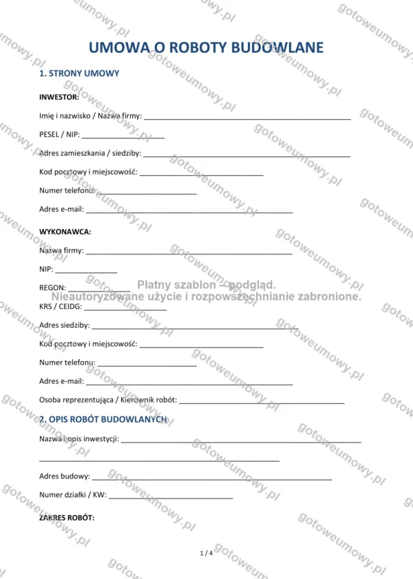 Umowa o roboty budowlane — Wzór Word & PDF