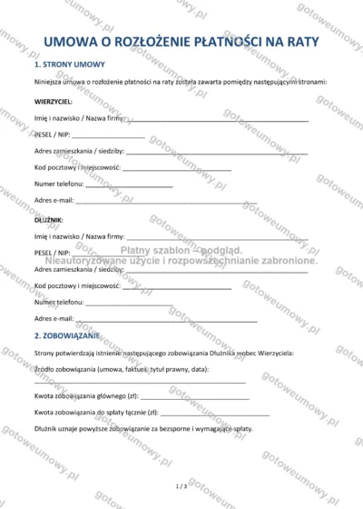 Umowa o rozłożenie płatności na raty — wzór do pobrania, podgląd strony 1 z 3