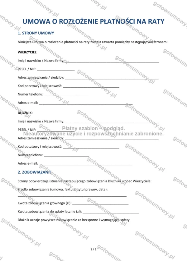 Umowa o rozłożenie płatności na raty — Wzór Word & PDF