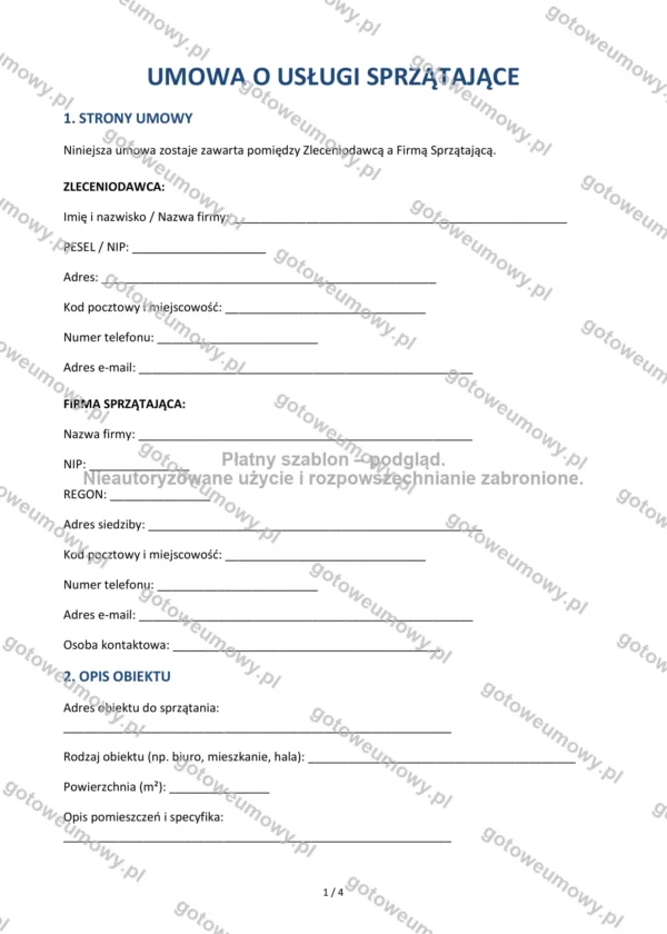 Umowa o usługi sprzątające — Wzór Word & PDF