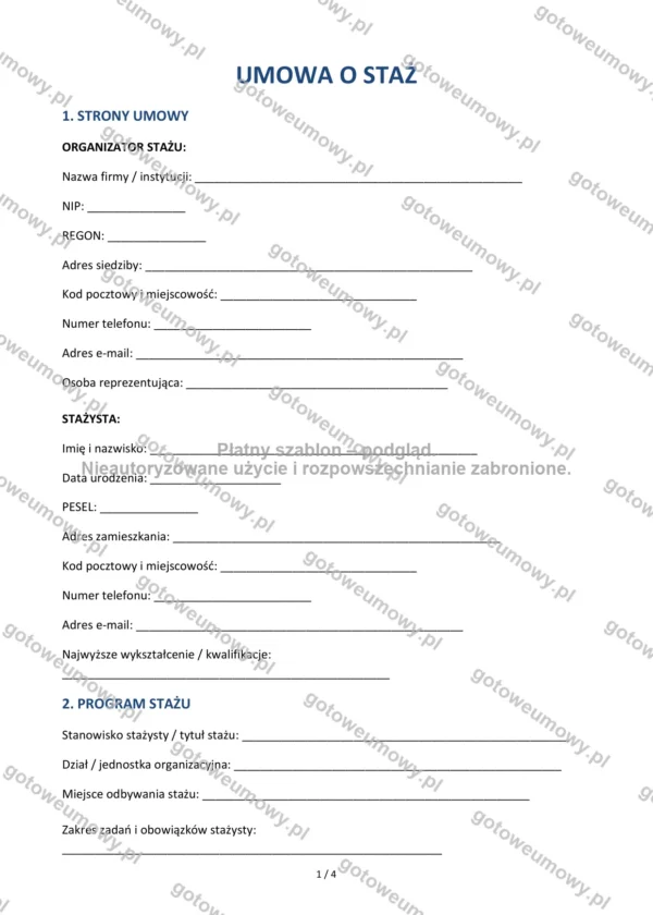 Umowa o staż — Wzór Word & PDF