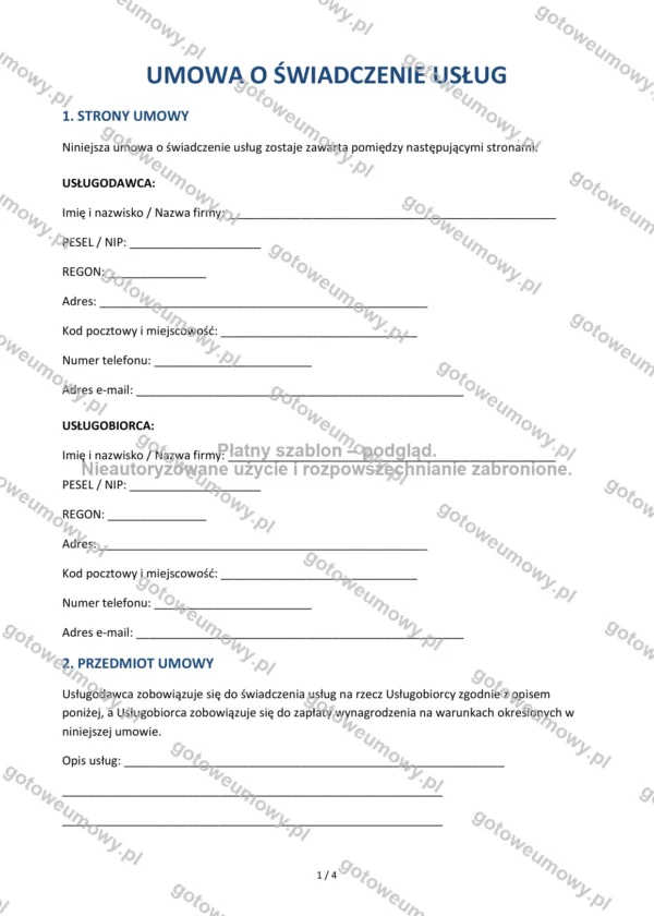 Umowa o świadczenie usług — Wzór Word & PDF
