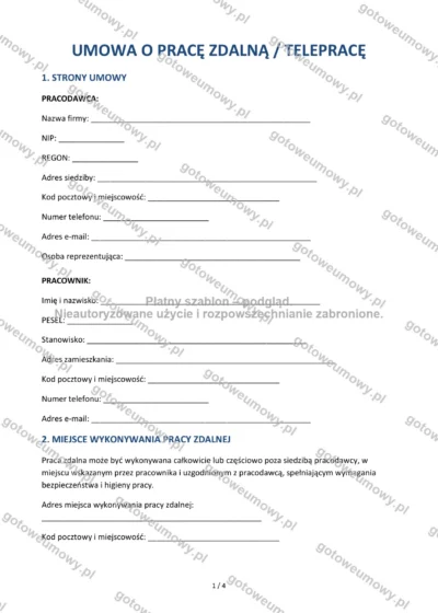 Umowa o pracę zdalną (telepracę) — wzór do pobrania, podgląd strony 1 z 4