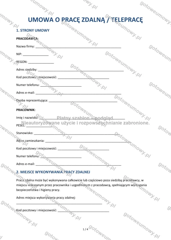 Umowa o pracę zdalną (telepracę) — Wzór Word & PDF