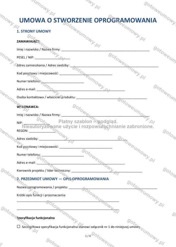Umowa o stworzenie oprogramowania — Wzór Word & PDF