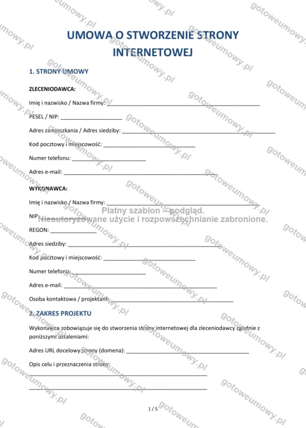 Umowa o stworzenie strony internetowej — Wzór Word & PDF