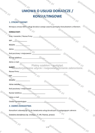 Umowa o usługi doradcze (konsultingowe) — wzór do pobrania, podgląd strony 1 z 4
