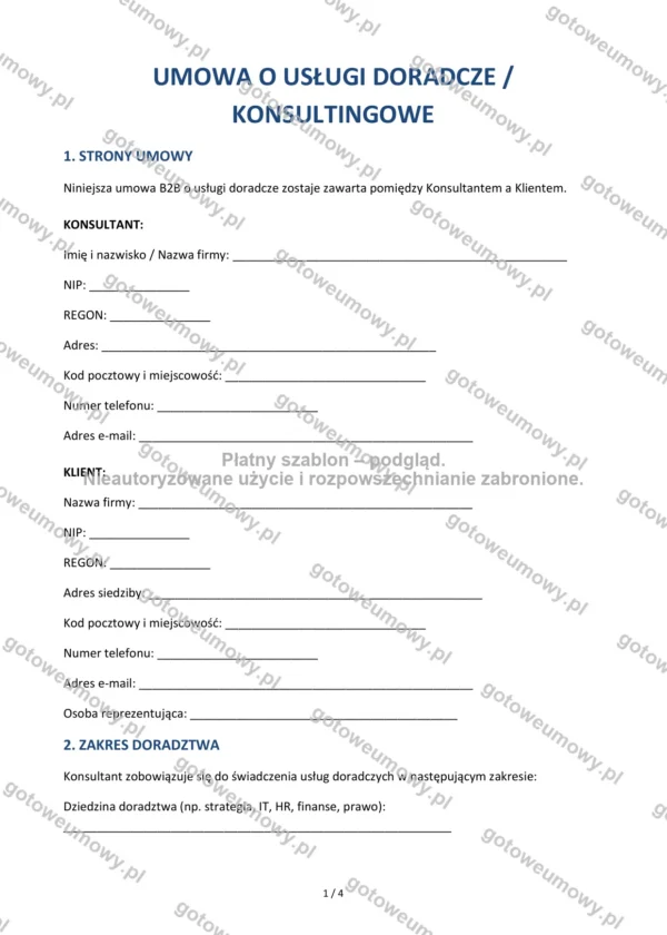 Umowa o usługi doradcze (konsultingowe) — Wzór Word & PDF