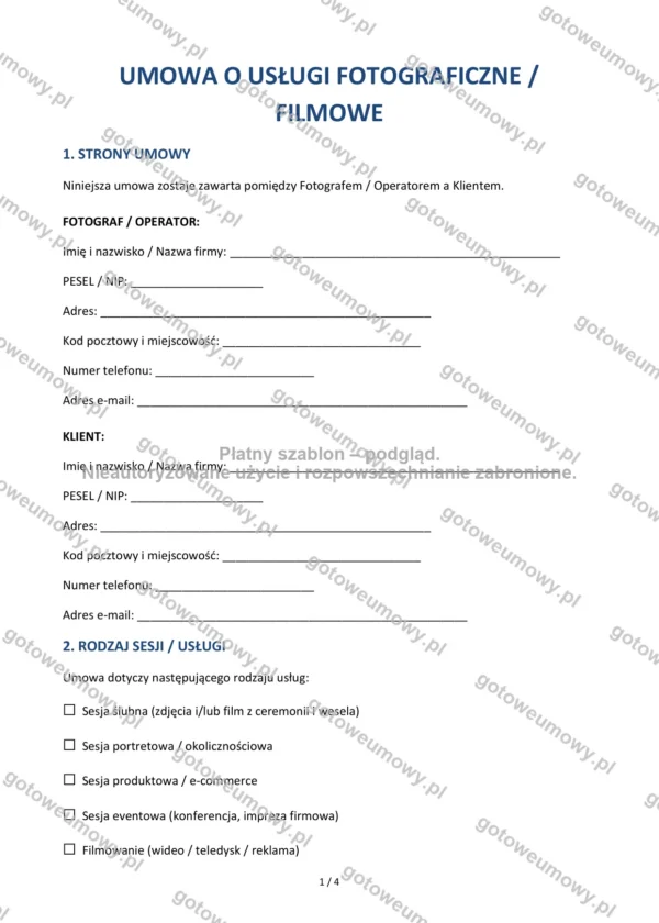 Umowa o usługi fotograficzne (i filmowe) — Wzór Word & PDF