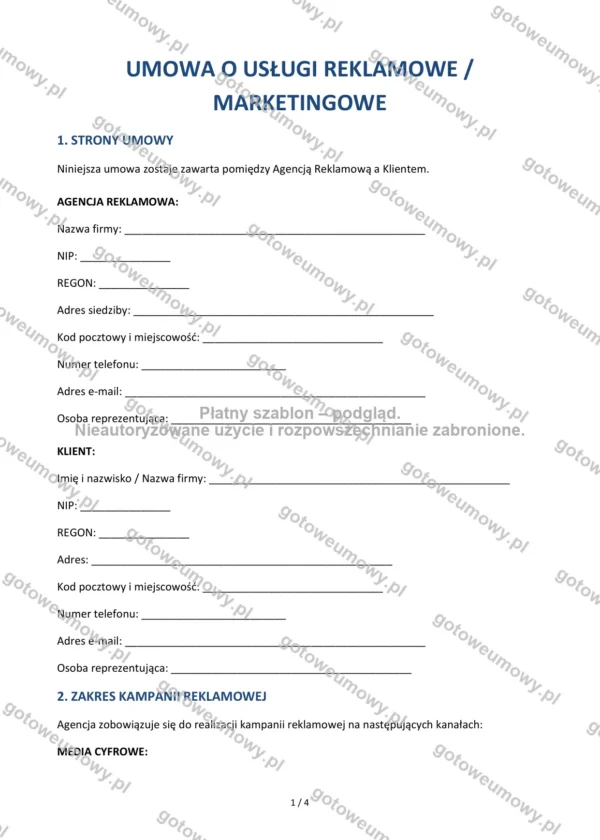 Umowa o usługi reklamowe (marketingowe) — Wzór Word & PDF