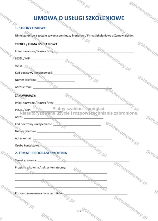 Umowa o usługi szkoleniowe — Wzór Word & PDF