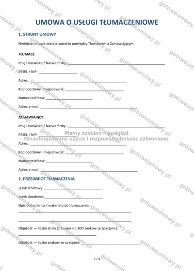 Umowa o usługi tłumaczeniowe — wzór do pobrania, podgląd strony 1 z 4