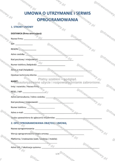 Umowa o utrzymanie i serwis oprogramowania — wzór do pobrania, podgląd strony 1 z 5