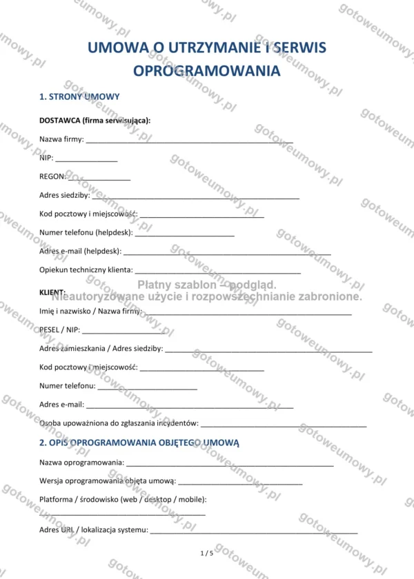 Umowa o utrzymanie i serwis oprogramowania — Wzór Word & PDF