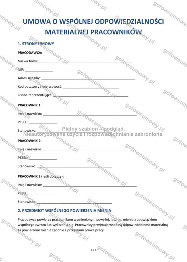 Umowa o wspólnej odpowiedzialności materialnej pracowników — Wzór Word & PDF
