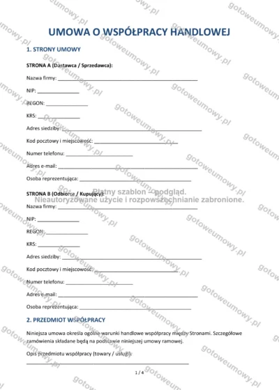 Umowa o współpracy handlowej — wzór do pobrania, podgląd strony 1 z 4