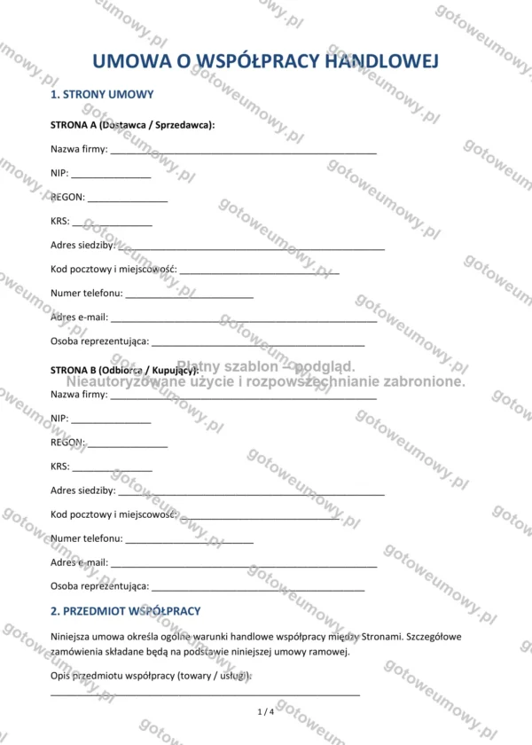 Umowa o współpracy handlowej — Wzór Word & PDF