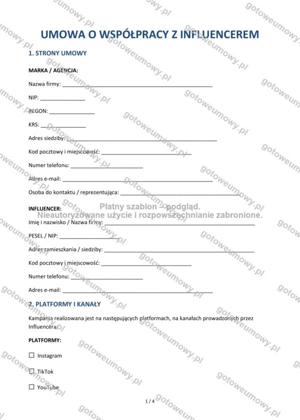 Umowa o współpracy z influencerem — Wzór Word & PDF