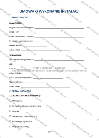 Umowa o wykonanie instalacji — wzór do pobrania, podgląd strony 1 z 4